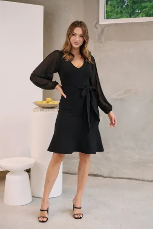 Roberta Black Chiffon Long Sleeve Knit Dress