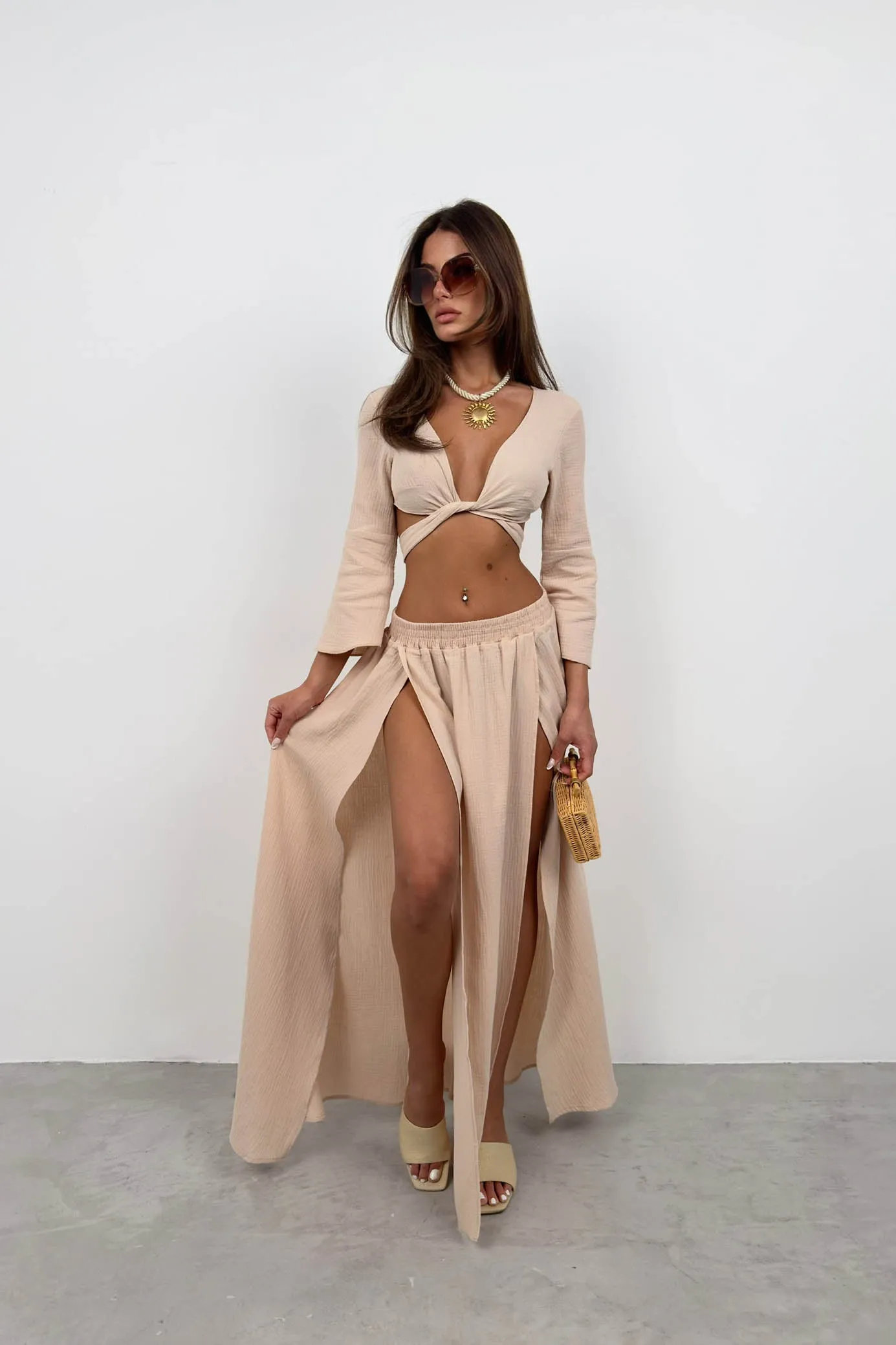 Set Long Slit Skirt With Tie Blouse