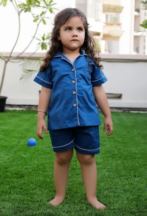 Set Of 2: Bender Blue Cotton Shirt And Blue Short