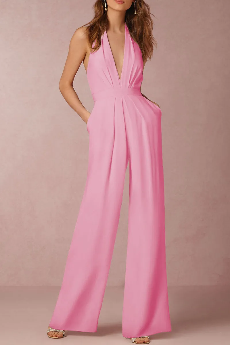 Sexy Elegant Solid Backless Fold V Neck Regular Jumpsuits