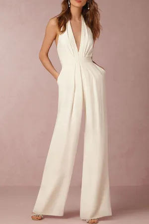 Sexy Elegant Solid Backless Fold V Neck Regular Jumpsuits