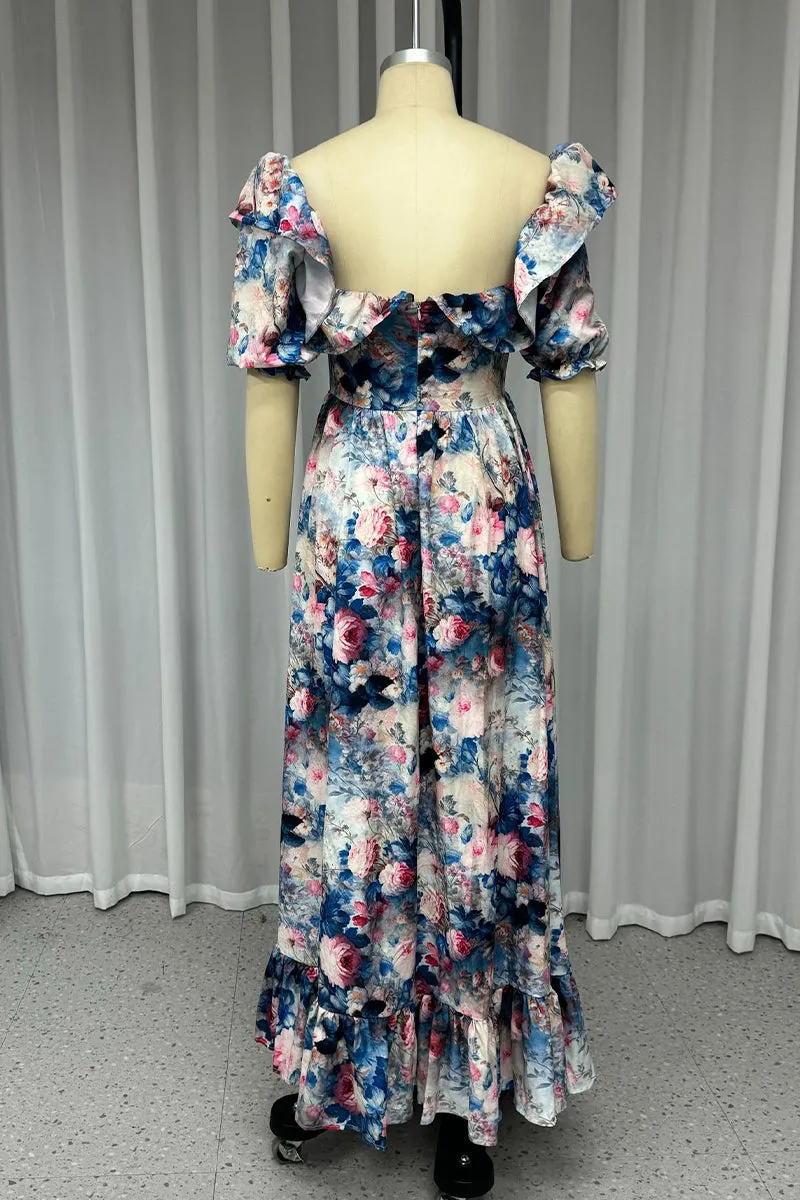 Sexy Floral Print Ruffle Slit Square Neck Evening Dresses