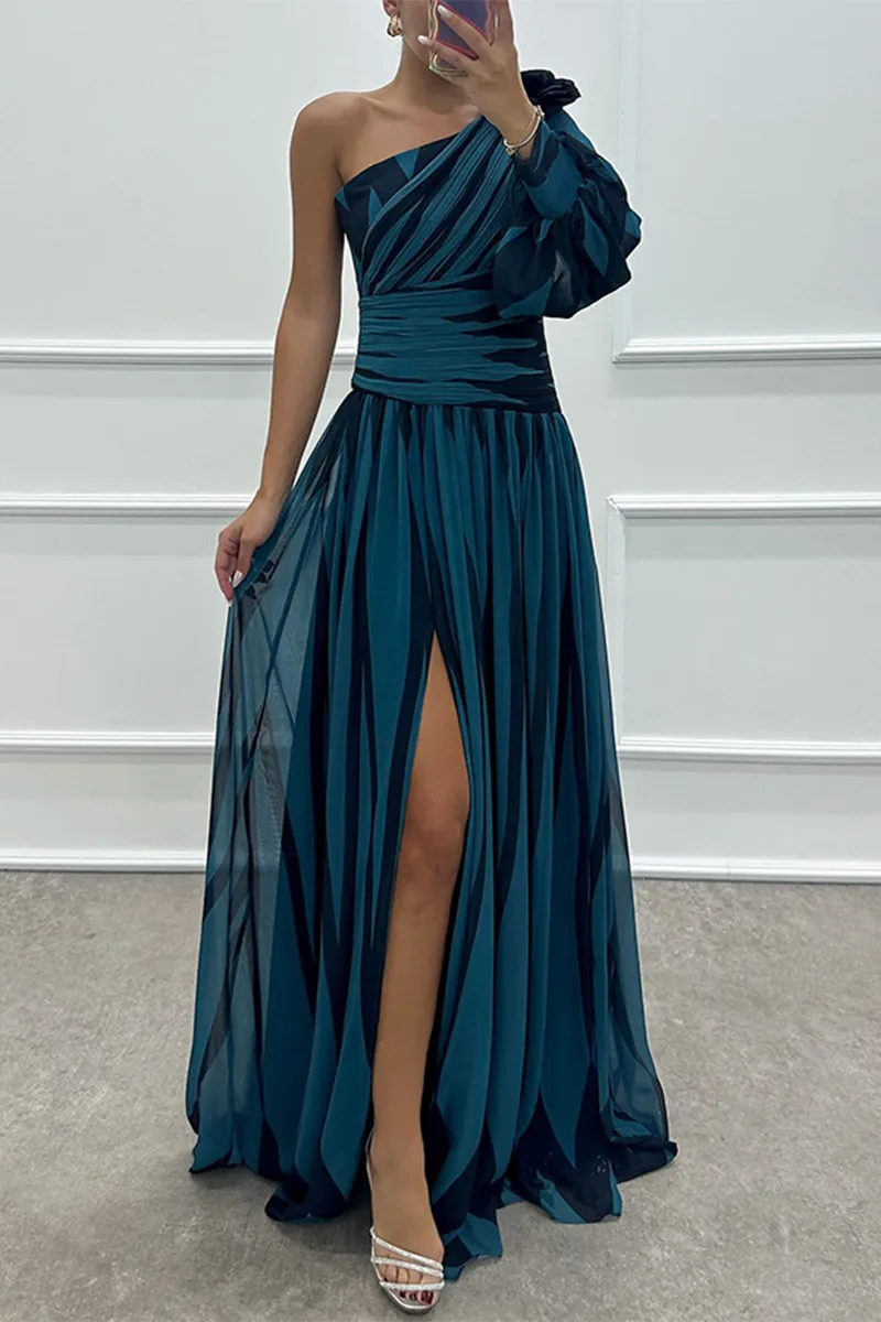 Sexy Prom Striped Print Slit Irregular Sloping Shoulder Evening Dresses(4 Colors)