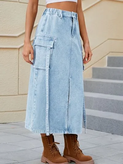 Slit Pocketed High Waist Denim Skirt