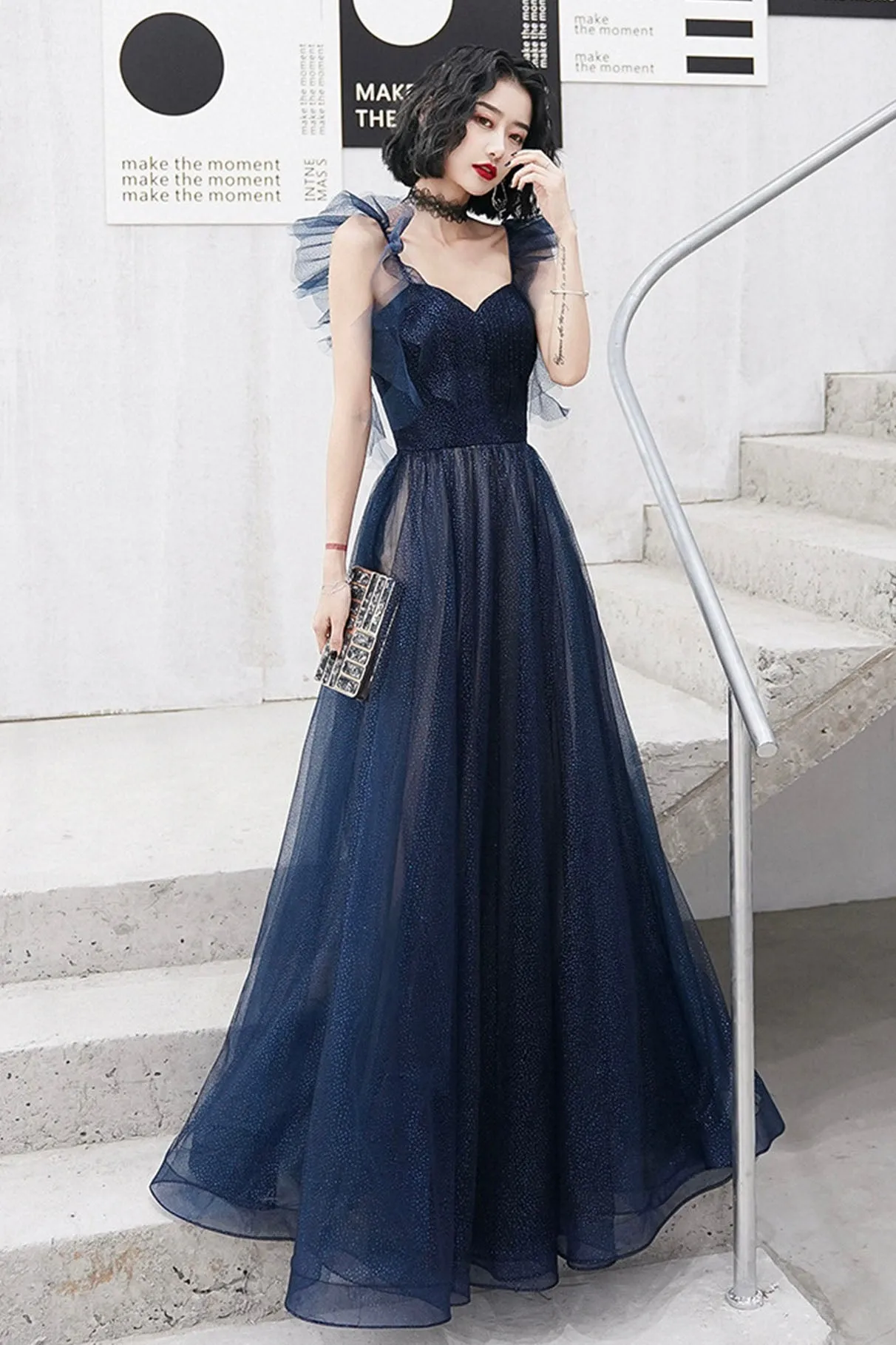 solvbao Blue Tulle Long Floor Length Prom Dress, A-Line Evening Dress