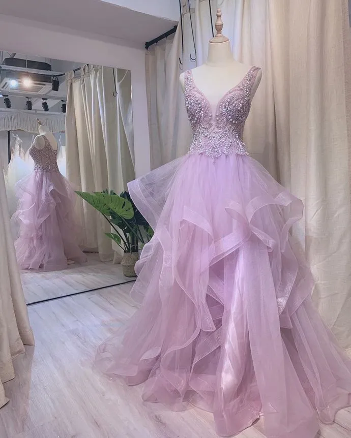 Solvbao Light Purple Tulle Beaded Layers Floor Length Formal Gown, Long Purple Evening Dress Prom Dress