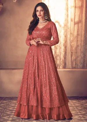 Spectacular Red Floor Length Sequins Work Anarkali Suit