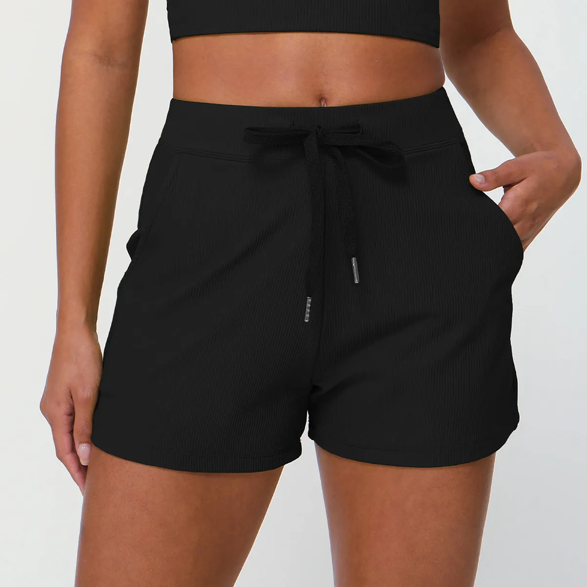 Summer Rib Loose Casual Shorts Women Drawstring Quick Drying Yoga Shorts Pocket High Elastic Exercise Shorts