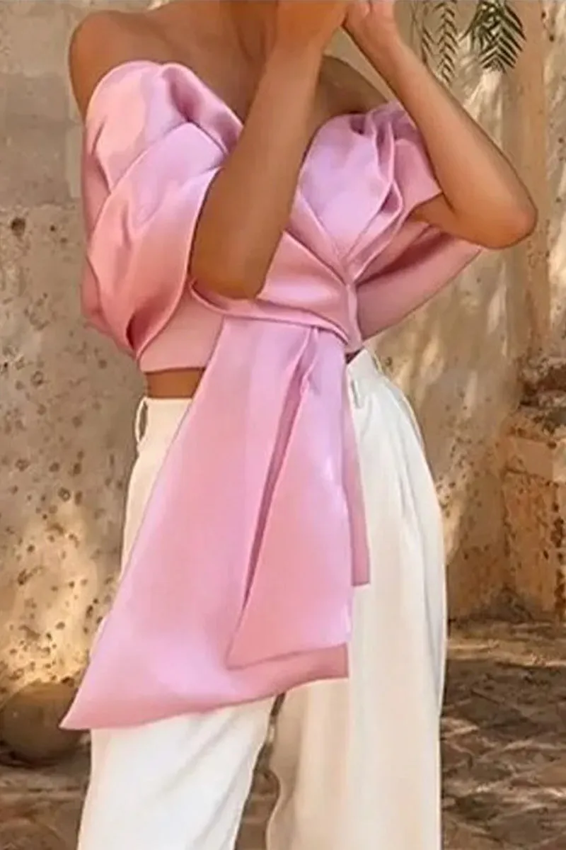 Sweet Solid Asymmetrical With Bow V Neck Tops