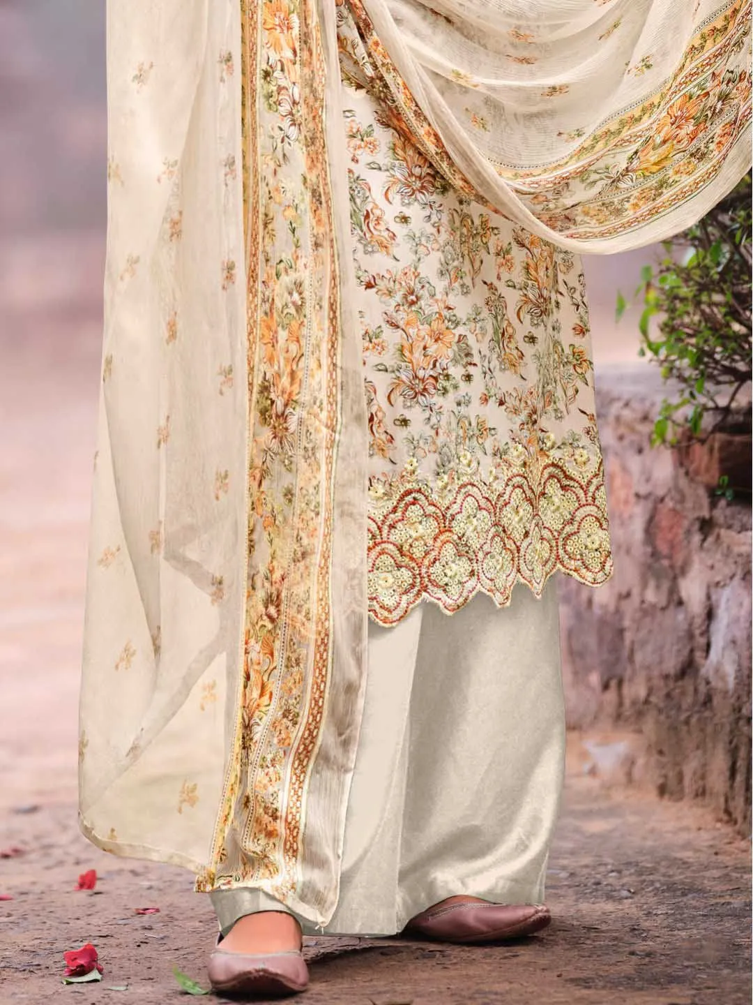 Unstitched Cotton Printed Suit Material with Embroidery Off-White