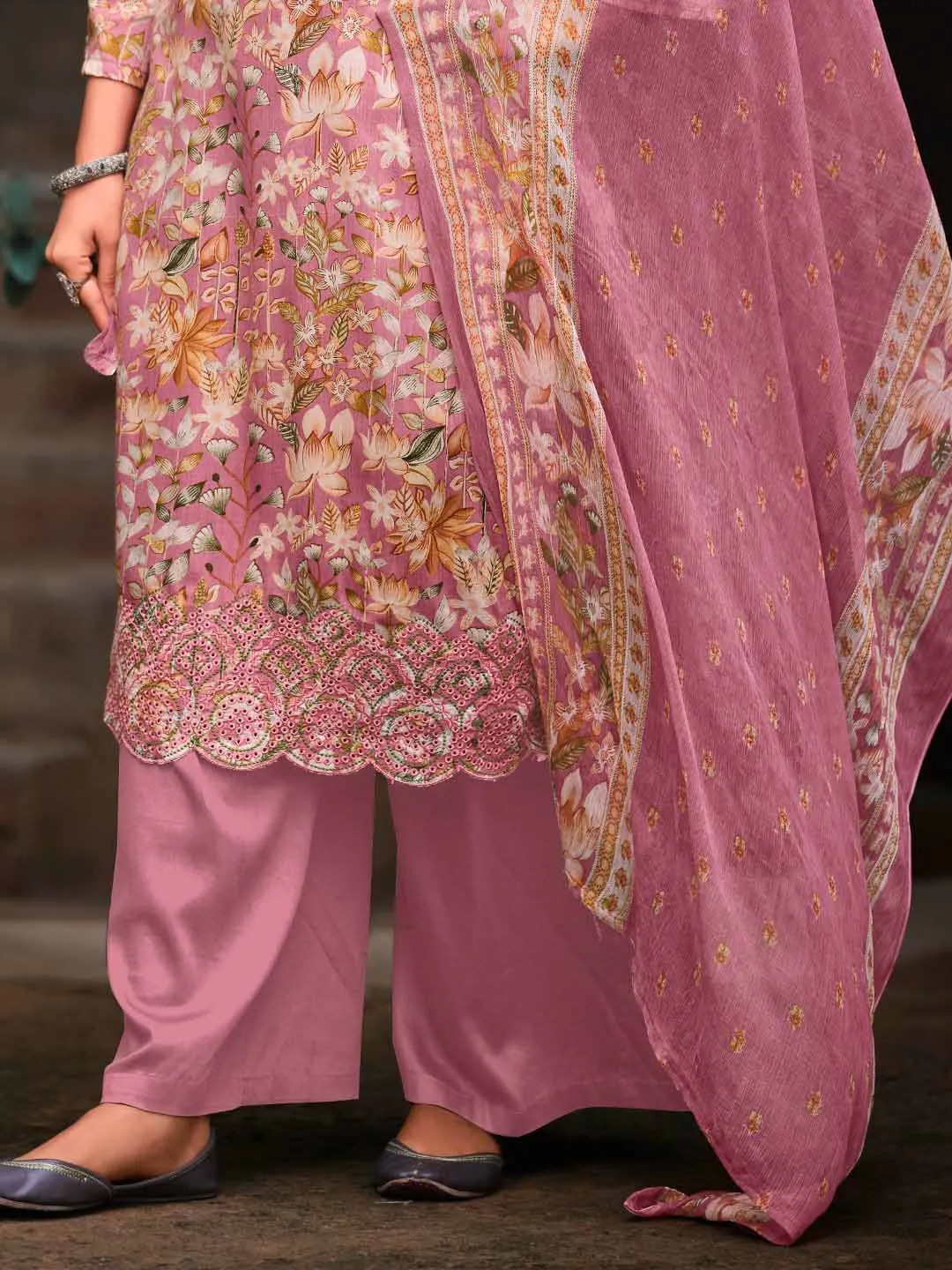 Unstitched Cotton Printed Suit Material with Embroidery Pink