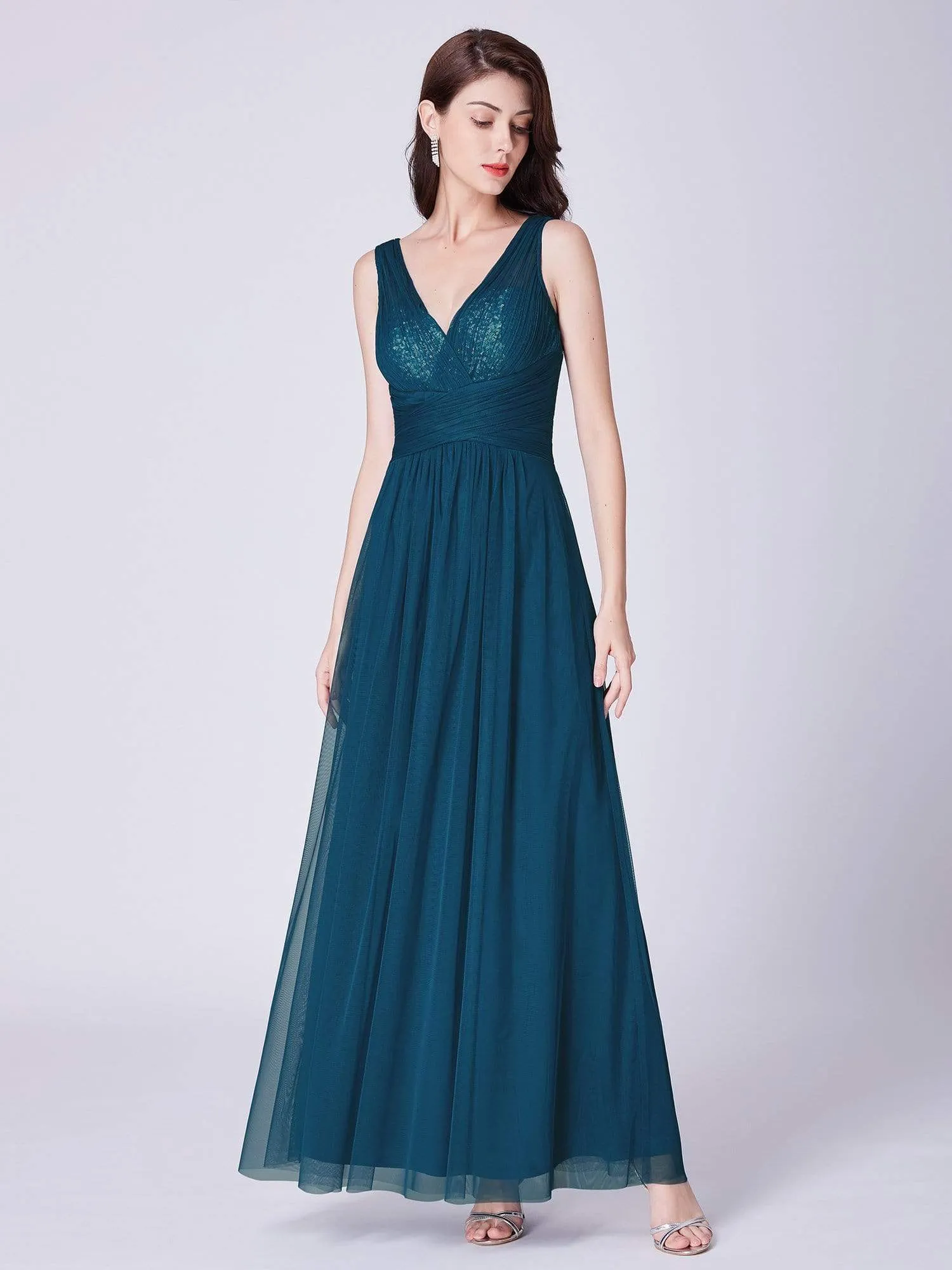 V Neck Ruched Waist Long Tulle Bridesmaid Dress