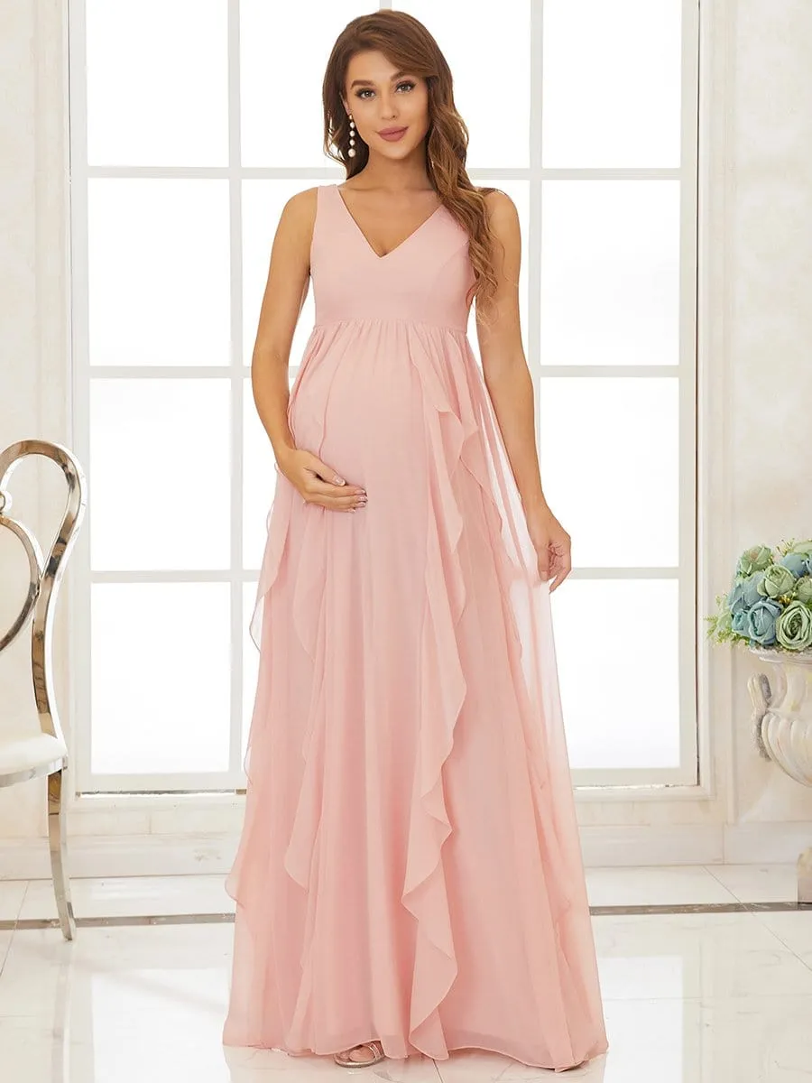 V-Neck Sleeveless Ruffled A-Line Maternity Dress