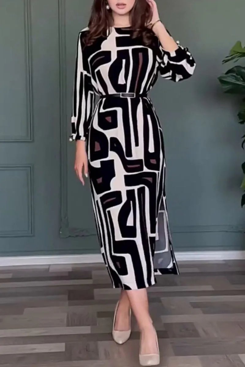 Vintage Geometric Print Slit With Belt O Neck One Step Skirt Dresses